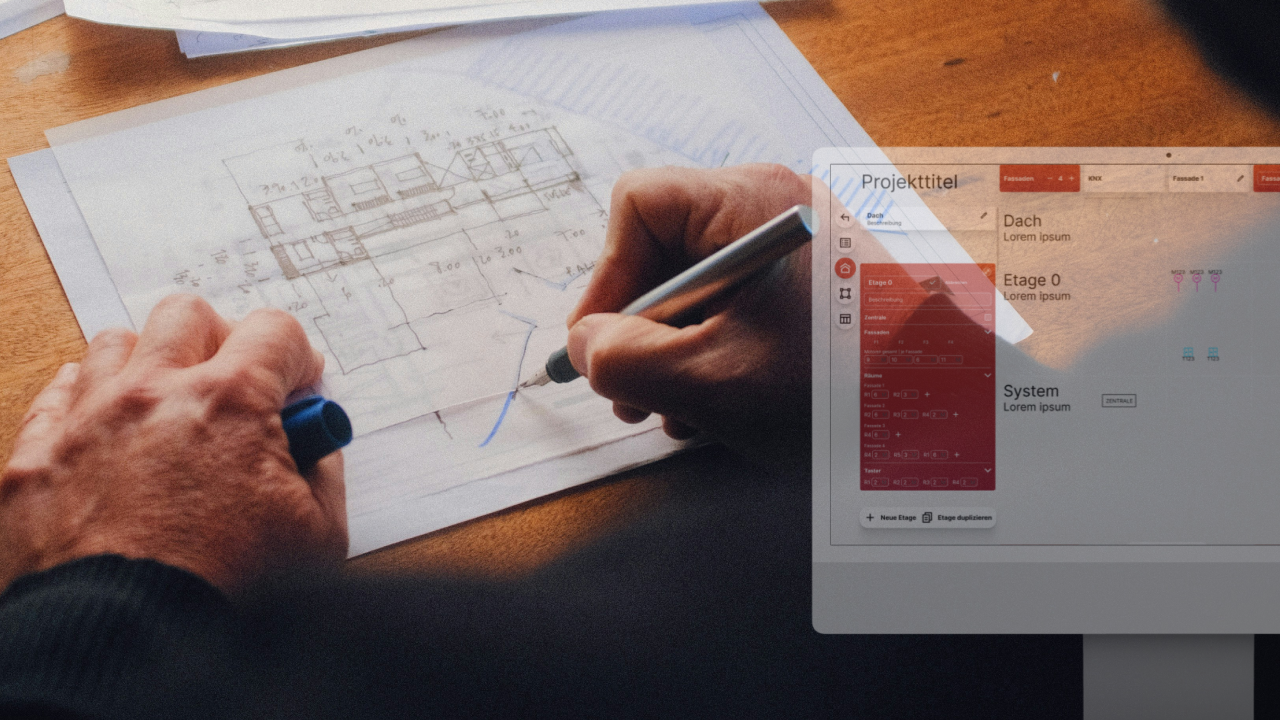 Desktop-Anwendung Planungstool – Zeichen-Canvas mit technischer Gebäudeplanung und Steuerungselementen