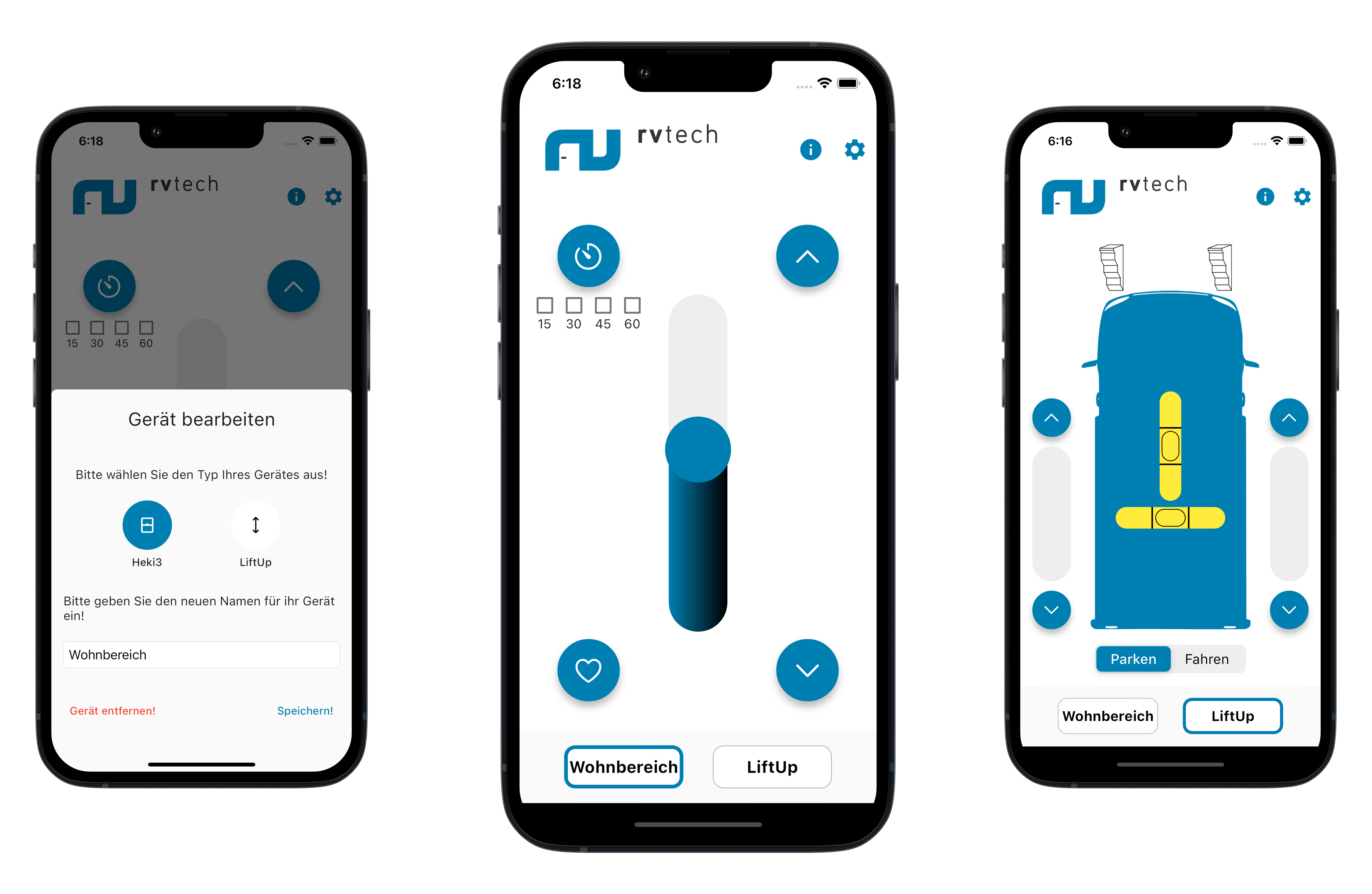 RV Tech App auf Tablet und Smartphone – Steuerungsinterface für Wohnmobil-Komponenten wie Dachfenster und Hubstützen