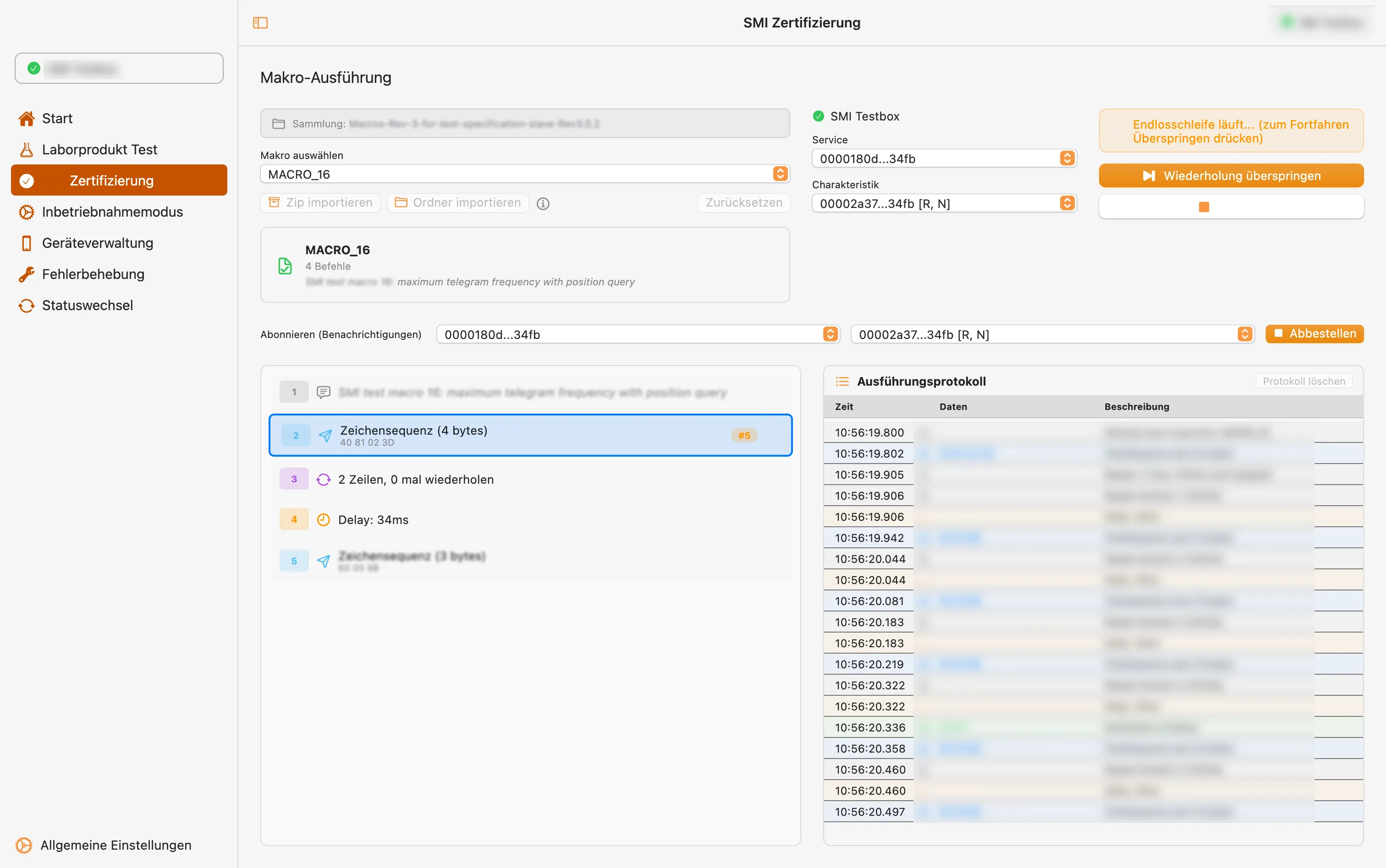 Desktop-Ansicht der SMI Testsoftware unter macOS mit Makro-Ausführung, Ausführungsprotokoll und BLE-Verbindung zur SMI Testbox